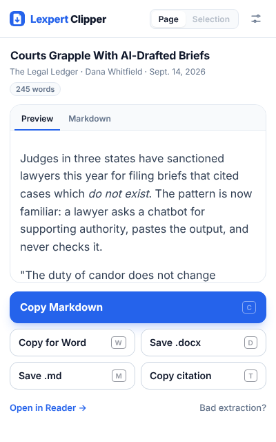 Lexpert Clipper popup on a news article, with Copy Markdown, Copy for Word, Save .docx, Save .md and Copy citation buttons